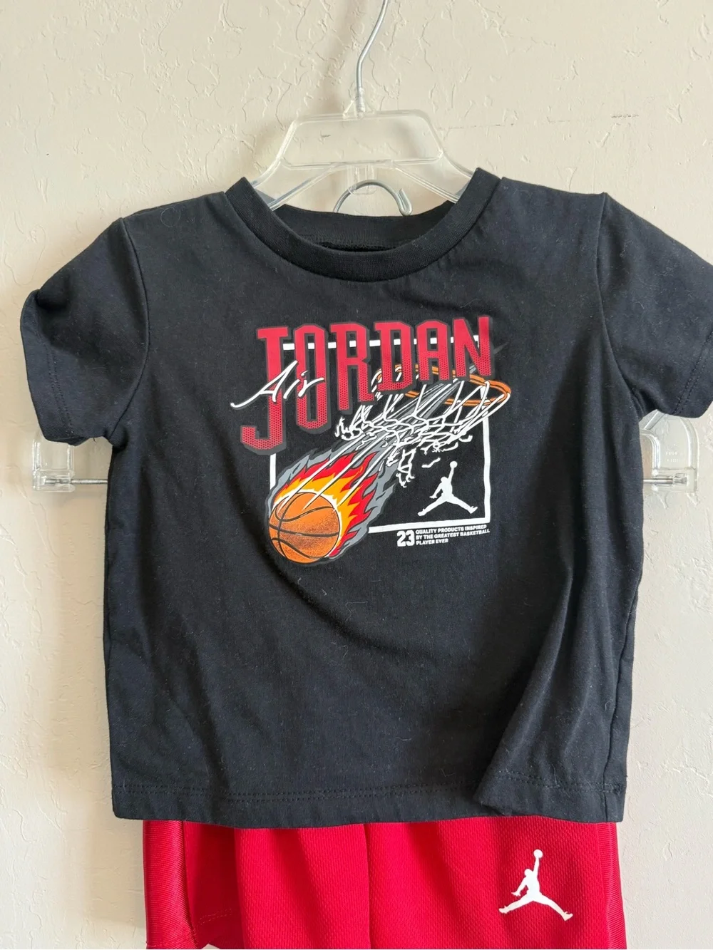 Jordan Black Graphic Tee with Red Basketball Shorts #P272